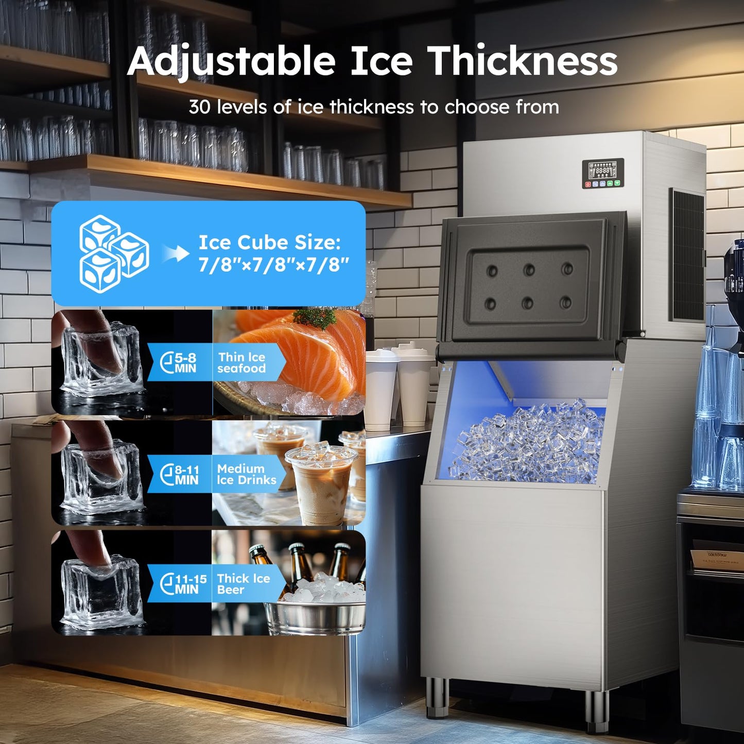 Commercial Ice Machine 550 LBS/24H, Commercial Ice Maker with 400 LBS Storage Bin, Ice Cubes Ready in 5-15 min, Freestanding Ice Maker Machine, Self-Cleaning, Thicknesses Adjustable, Stainless Steel