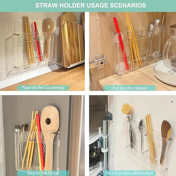 Acrylic Straw Holder for Cabinet, Reusable Straw Organizer with Double Sided Adhesive Tape Tumbler Straws Storage Container for Cupboard Drinking Straws Dispenser for Kitchen Counter (Transparent, A3)