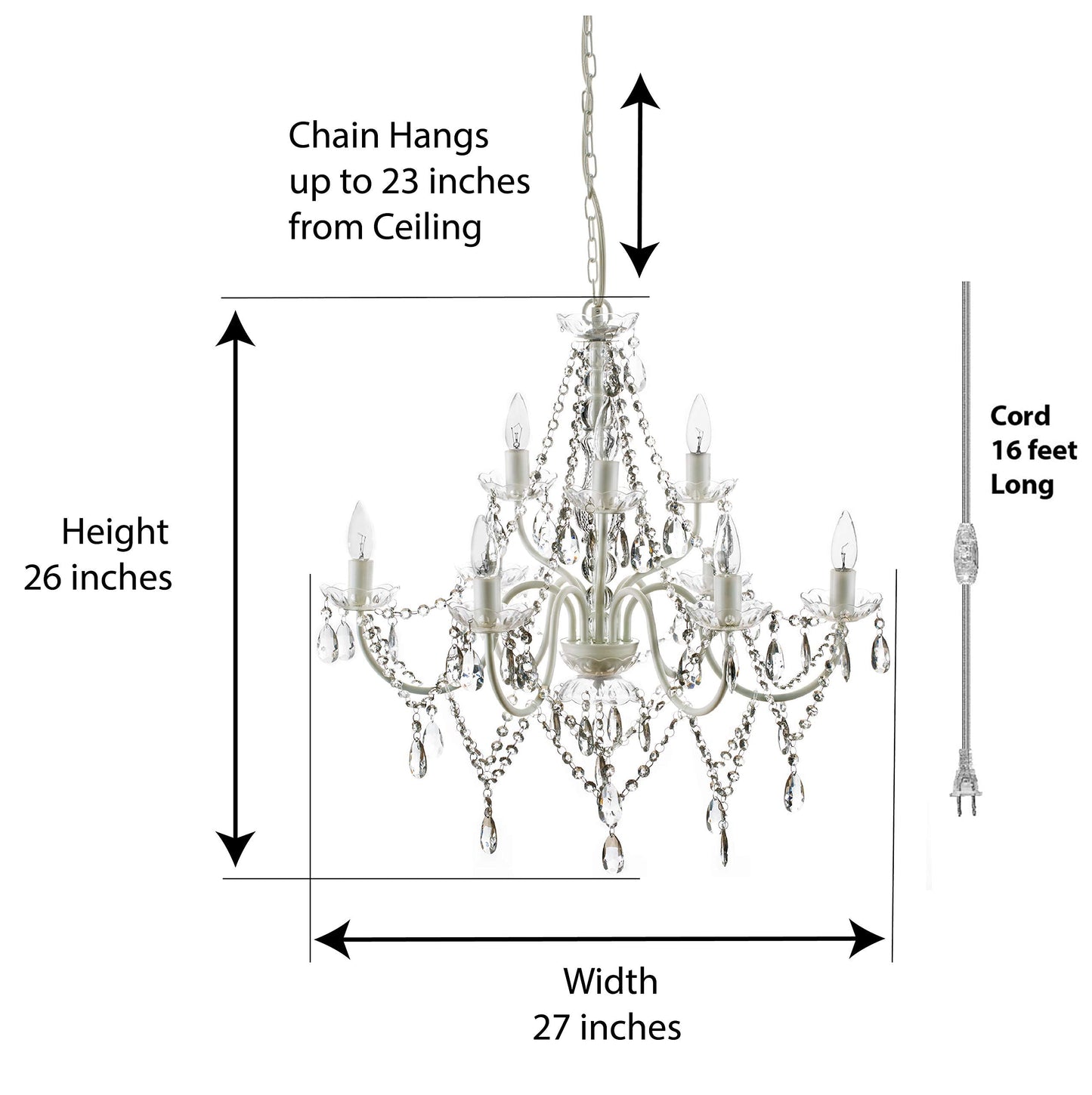 Gypsy Color 9 Light Plug-In Chandelier, Crystal White Metal Frame, Acrylic Crystals, H26”Xw27”, Model Gyxlclp
