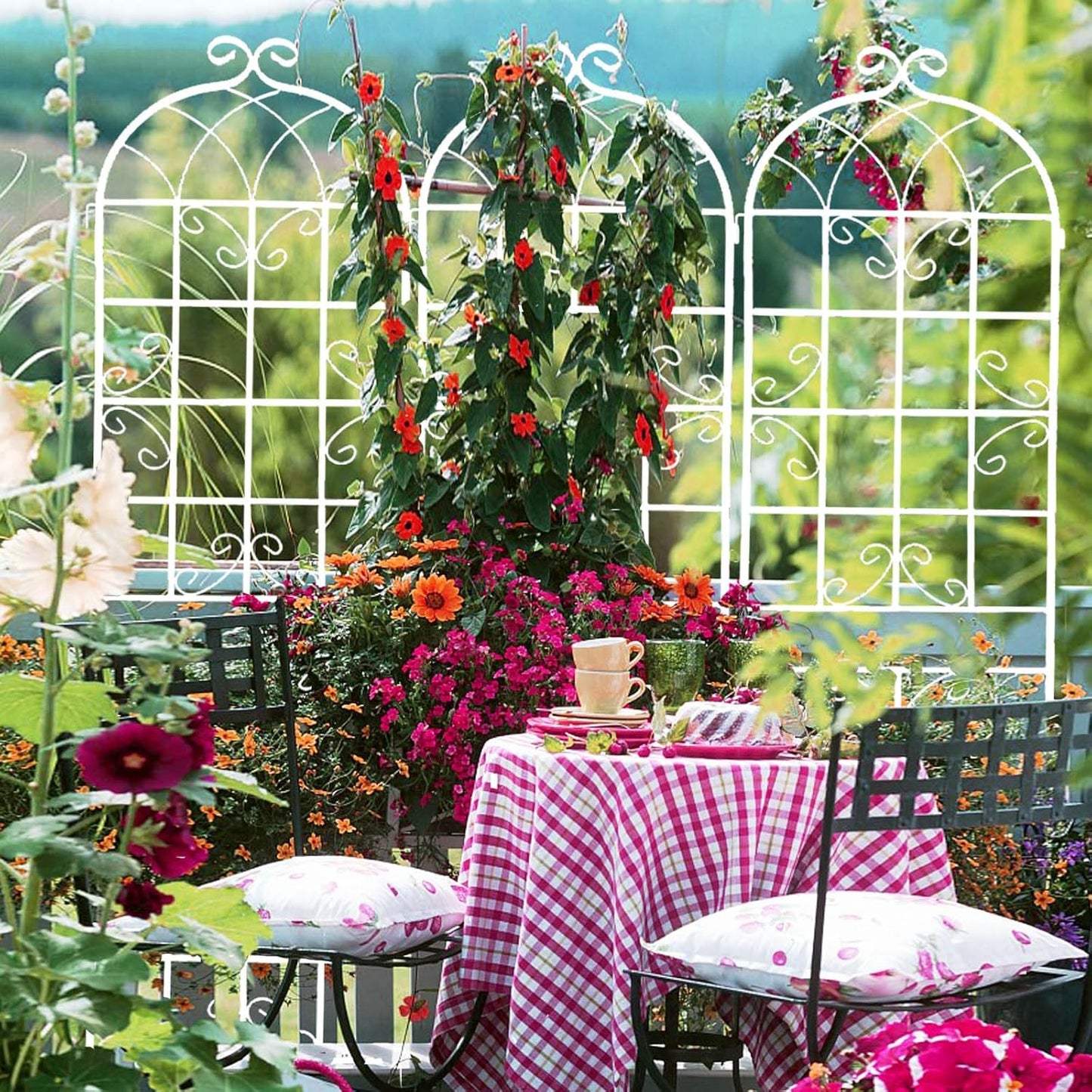 4 Pack Metal Garden Trellis for Climbing Plants, 86.7" Tall Rustproof Outdoor Trellis Panel with Vine Design, Decorative Black Iron Plant Support for Vine, Rose, Flower, Garden Wall, White