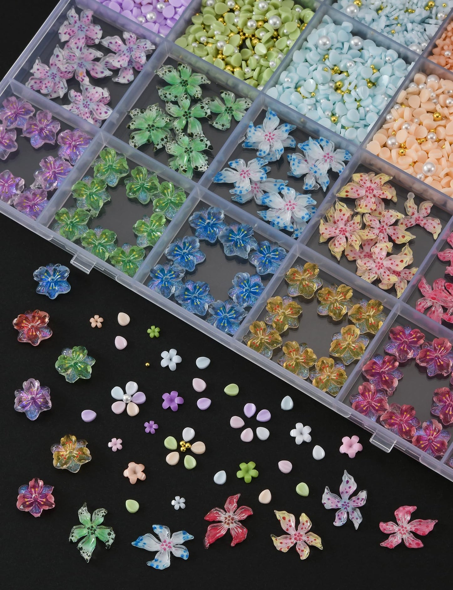 OPMADM 3000 Pcs 3D Flower Nail Charms and Gems 24 Grid Charms for Nails Design Colorful Nail Art Charms 4 Styles of Big and Smal