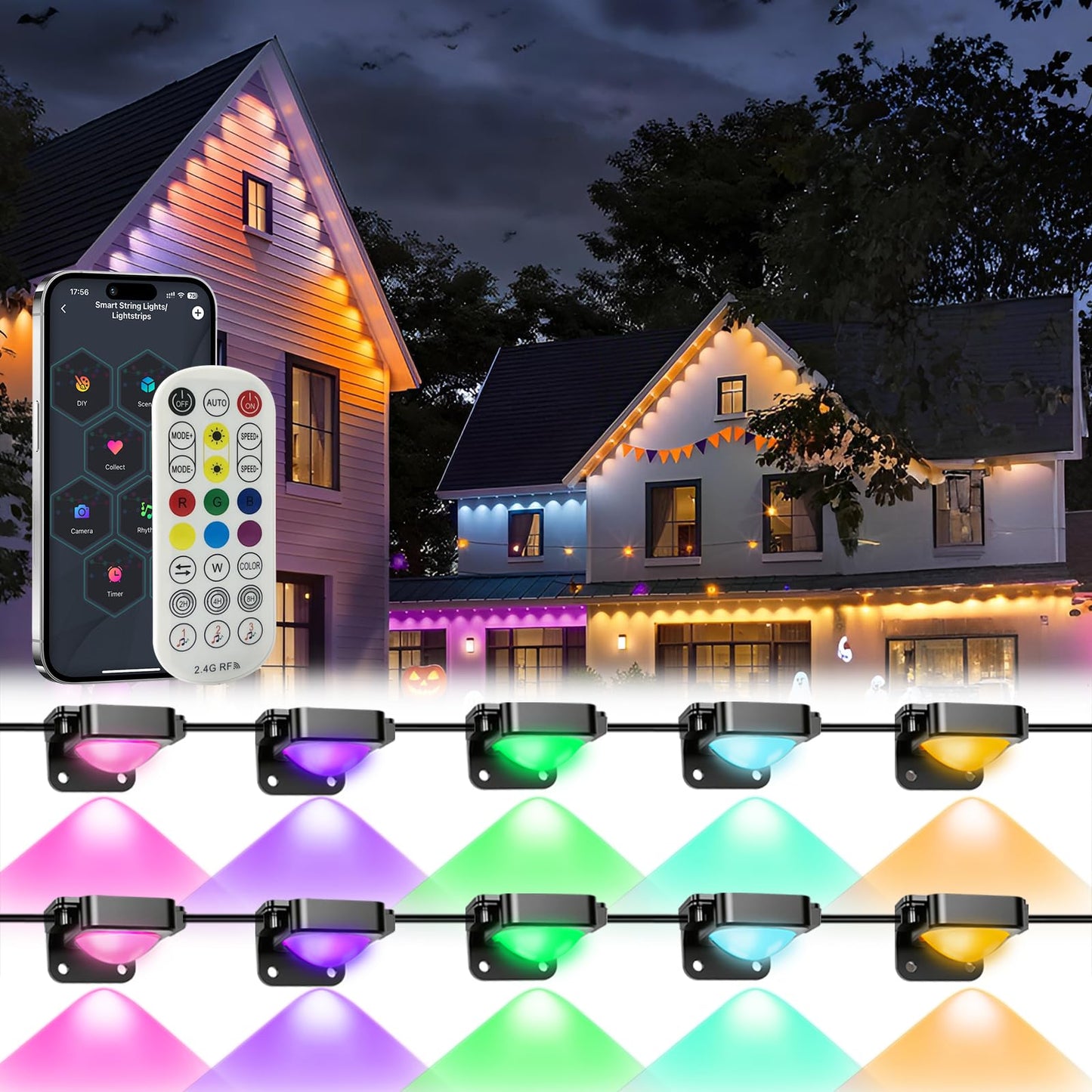 MIMIRGB Outdoor LED Lights, 16.4ft RGB Smart Eave Light, IP67 Waterproof, Black, Model JG-001W-10