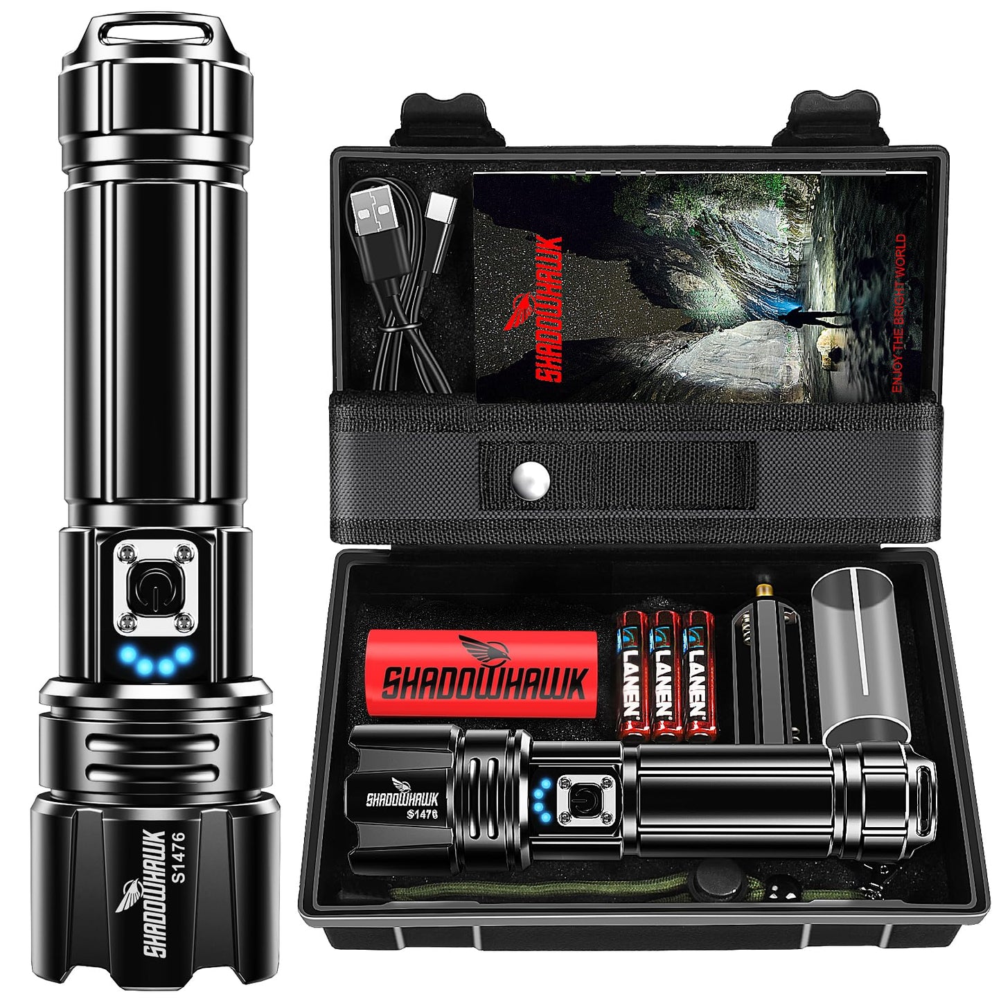 Shadowhawk Flashlight 2000 - 30W LED, 5000ft Beam, USB C Rechargeable, Aluminum, Black, Model CA-S1476