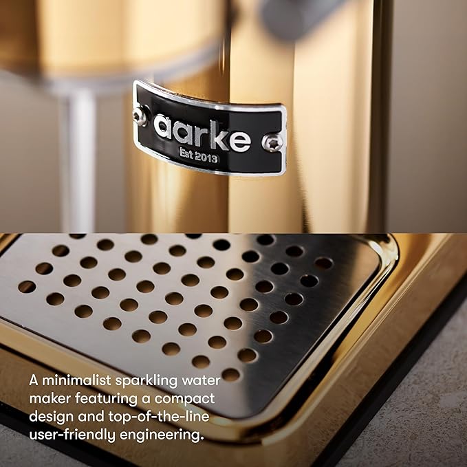 Aarke Carbonator lll with CO2 Cylinder, Sparkling & Carbonation Water Machine, Stainless Steel with PET BPA-Free Reusable Bottle Volume 1L/34 fl oz (Gold)