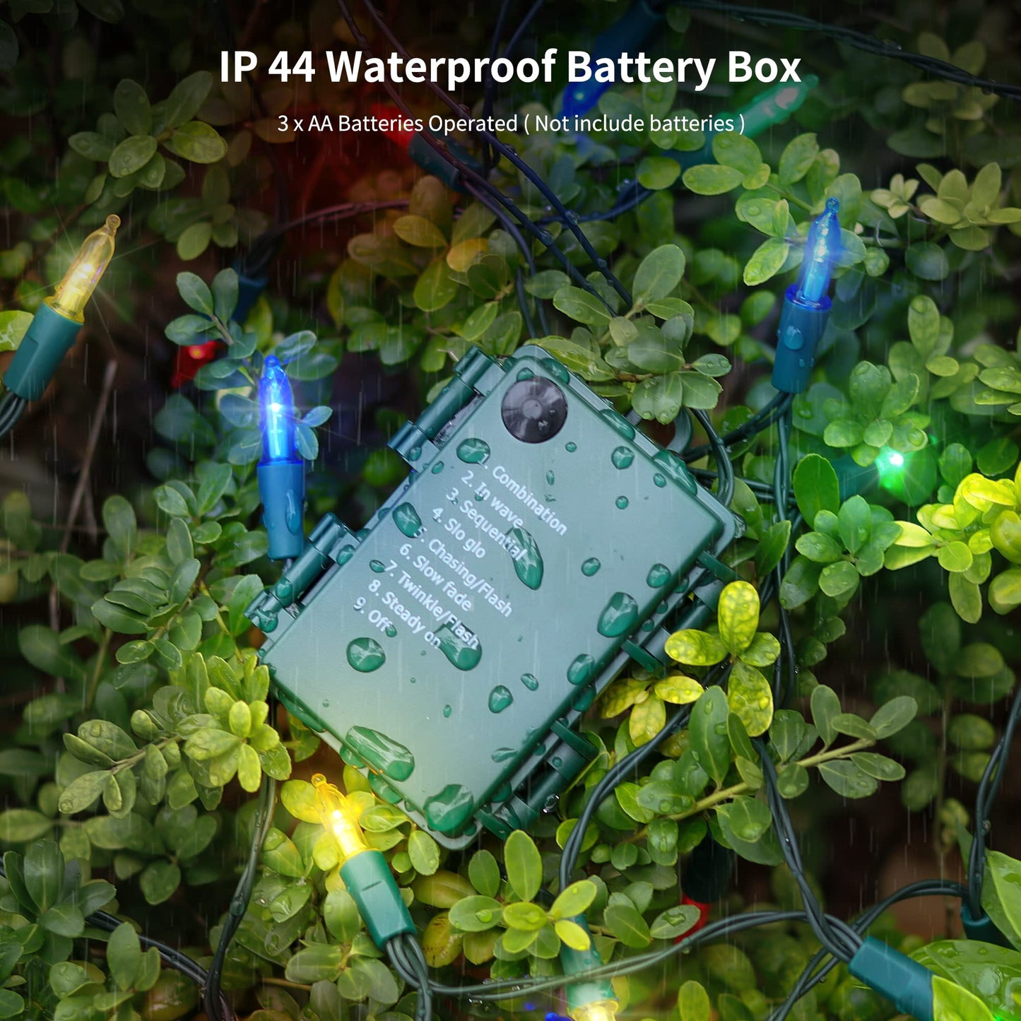 WATERGLIDE 50LED Outdoor Christmas Lights, 16FT Battery Operated, 8 Modes, Waterproof, Multicolor