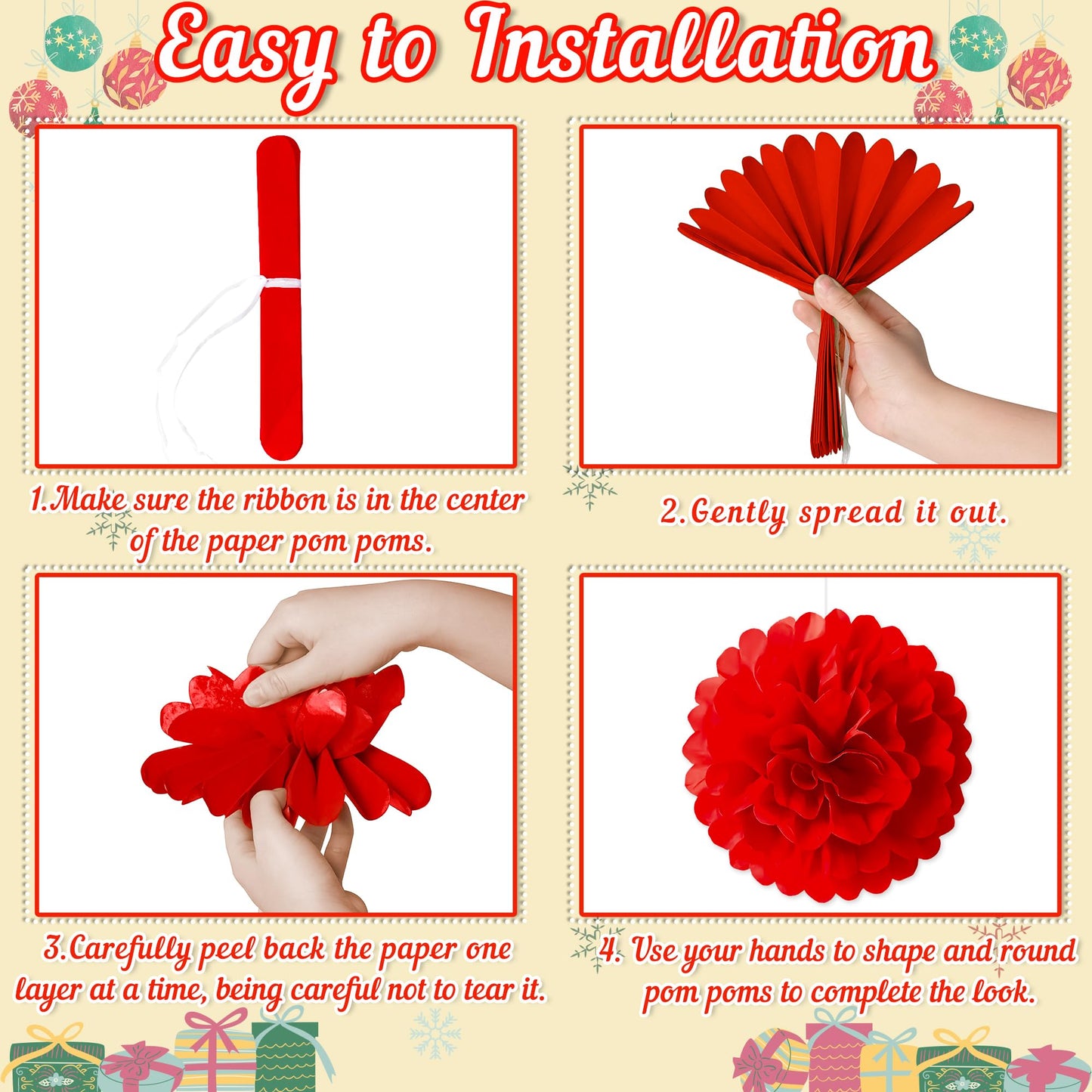 Renbuzhu 13Pcs Christmas Decorations Ornaments Set - 9 Red White Hanging Paper Lanterns  4 Pom Poms For Indoor  Home  Xmas Party  Porch Decor