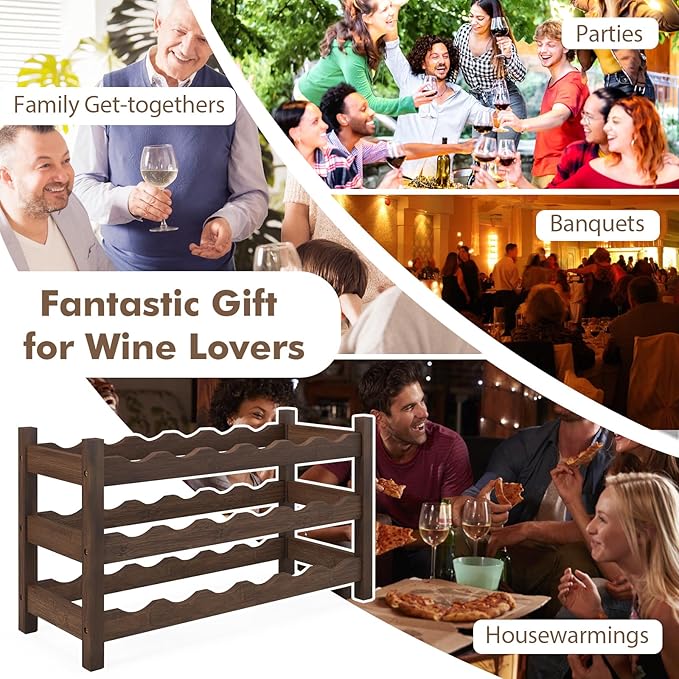 Giantex Bamboo 3-Tier 18-Bottle Wine Storage Cabinet Shelf, Countertop Wine Rack for Kitchen, Bar, Pantry & Wine Cellar, Coffee