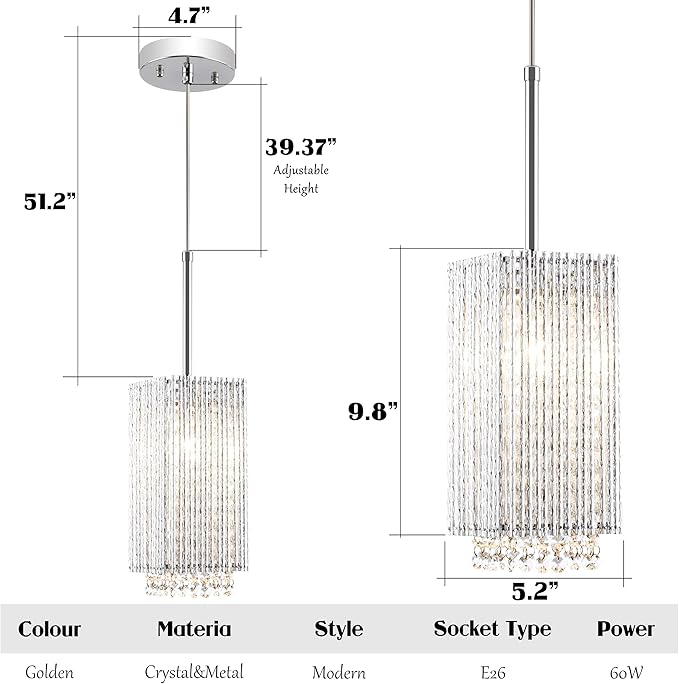 Mini Crystal Chandelier 1 Light Modern Hanging Light Fixture Small Cuboid Chrome Pendant Light for Kitchen Island Dining Room