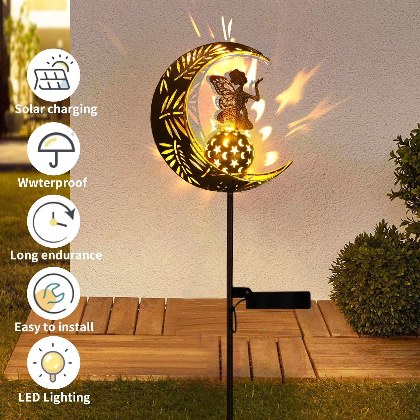 ZKLiLi Garden Solar Pathway Lights with Moon Fairy Decor, Waterproof Outdoor Lighting for Walkway, Yard, Patio, Colourful, Model ZKLILI-01