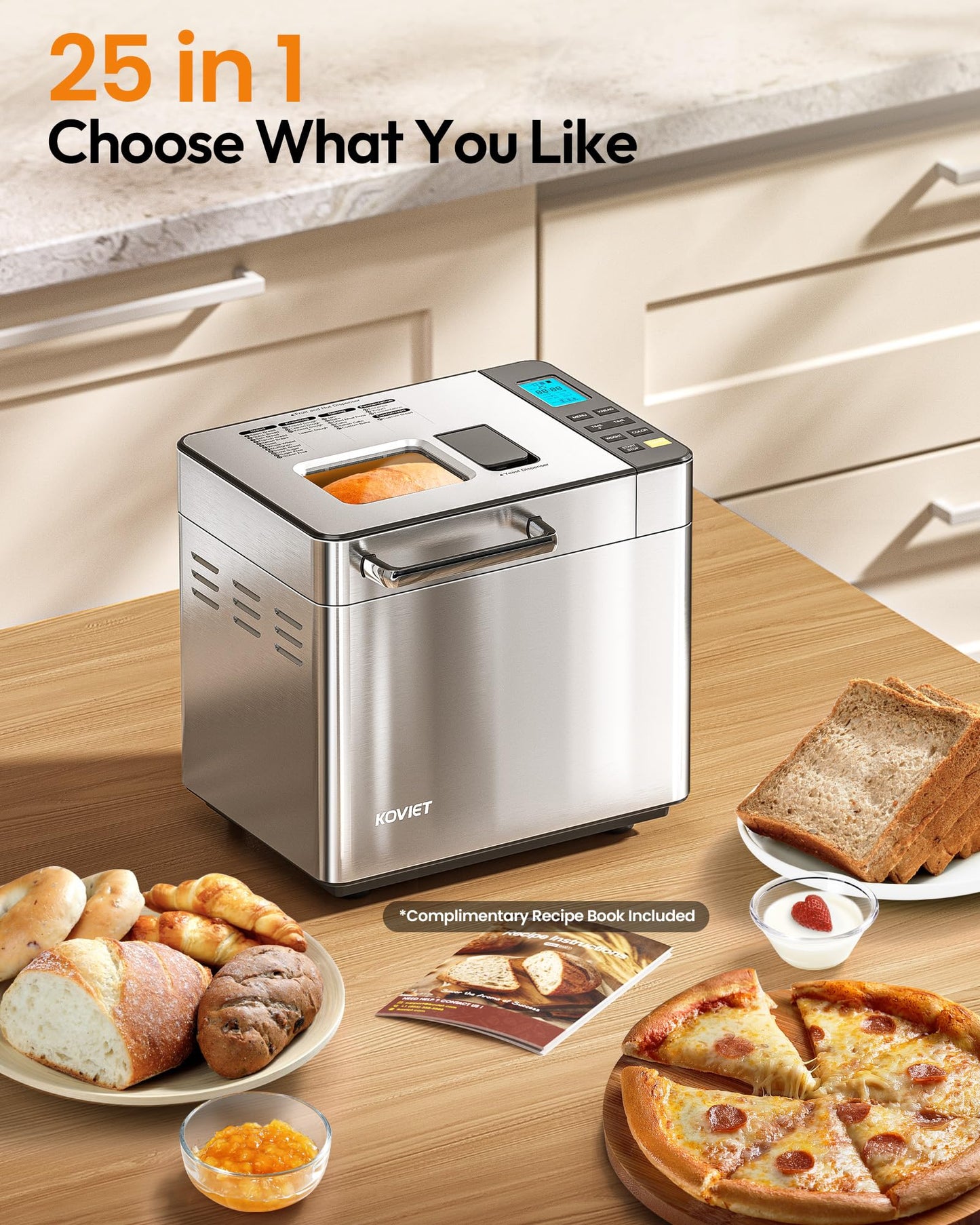 KOVIET 25-in-1 Bread Maker Machine with Automatic Dual Dispenser, 2LB Stainless Steel Breadmaker with Gluten-Free, Dough, Jam, Yogurt etc Settings, Silver