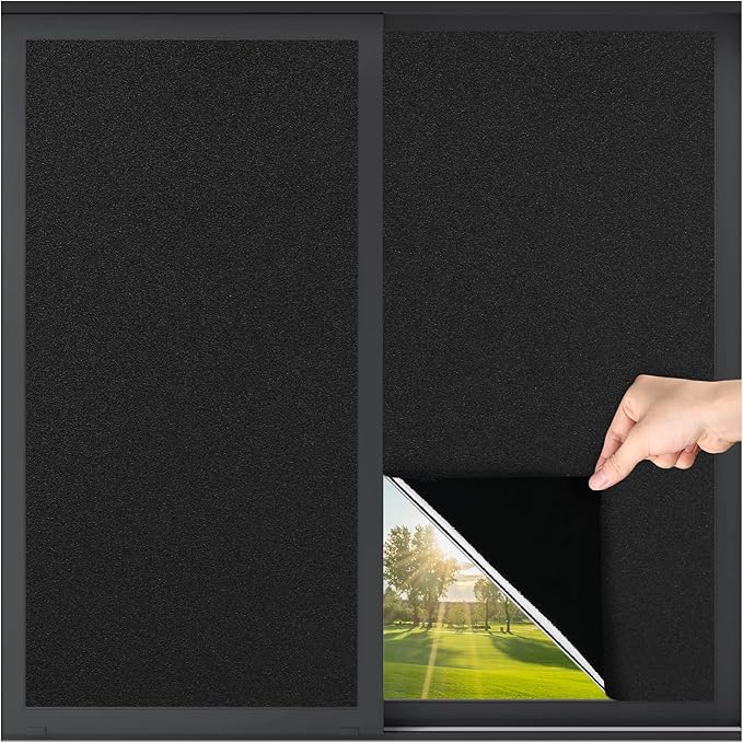 LUTE Blackout Window Film, Sun Light Blocking Frosted Privacy Cling for Glass, Darkening Window Tint for Day Sleep Black Out Shades, UV Blocking Static Cling Blackout Cover, 35.4" x 118.1"