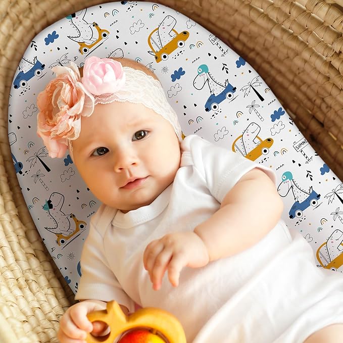 Baby Bassinet Sheets Girl Boy, Fitted Bassinet Sheet Set 3 Pack Bassinet Mattress Sheets Universal Fit for Rectangle, Round, Oval, Hourglass Mattress, Soft Breathable Grey & Blue Car