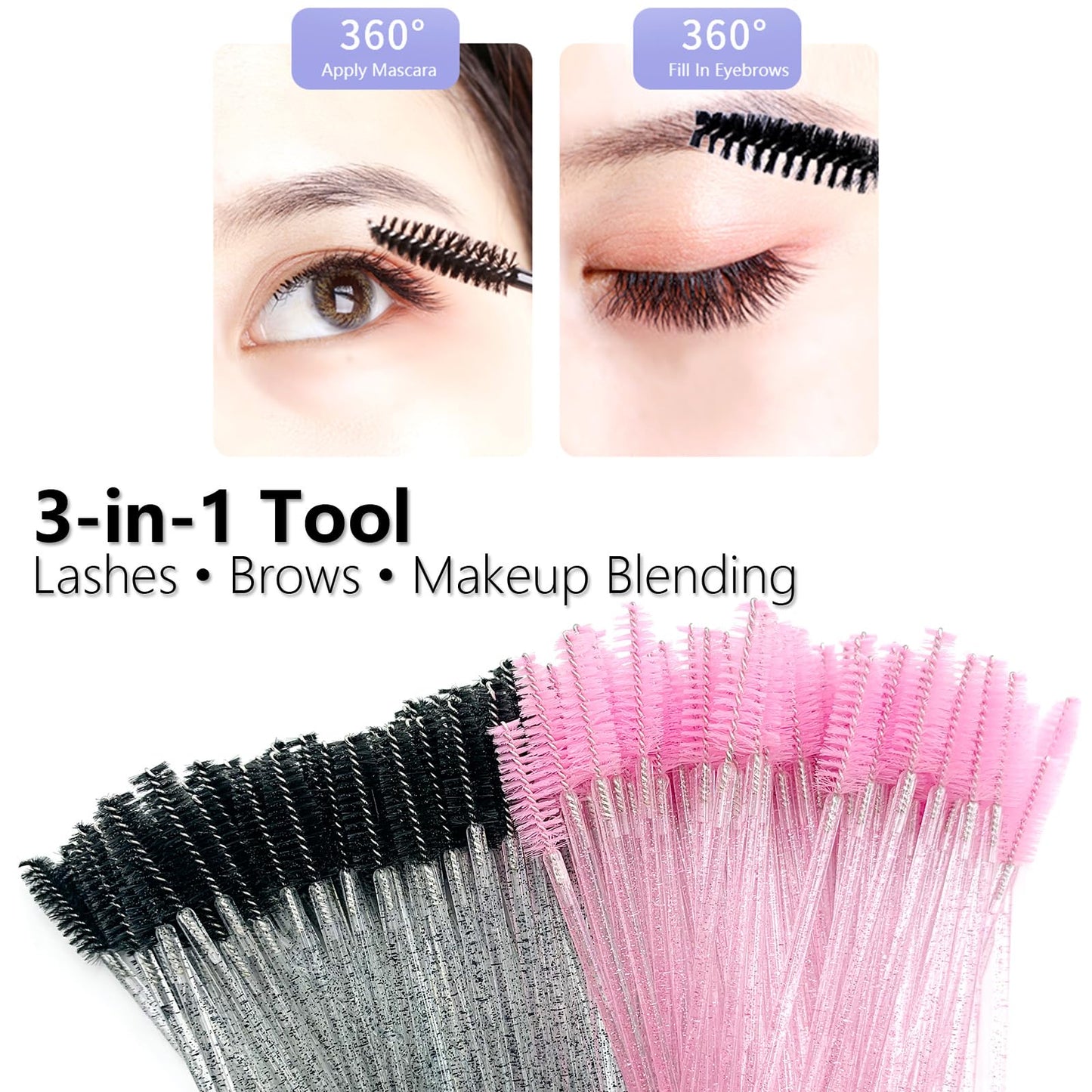 BIDEX 200 Pcs Disposable Mascara Wands, Spiral Lash Brush Applicators with Crystal Handles, Lash Spoolies for Eyelash & Eyebrow