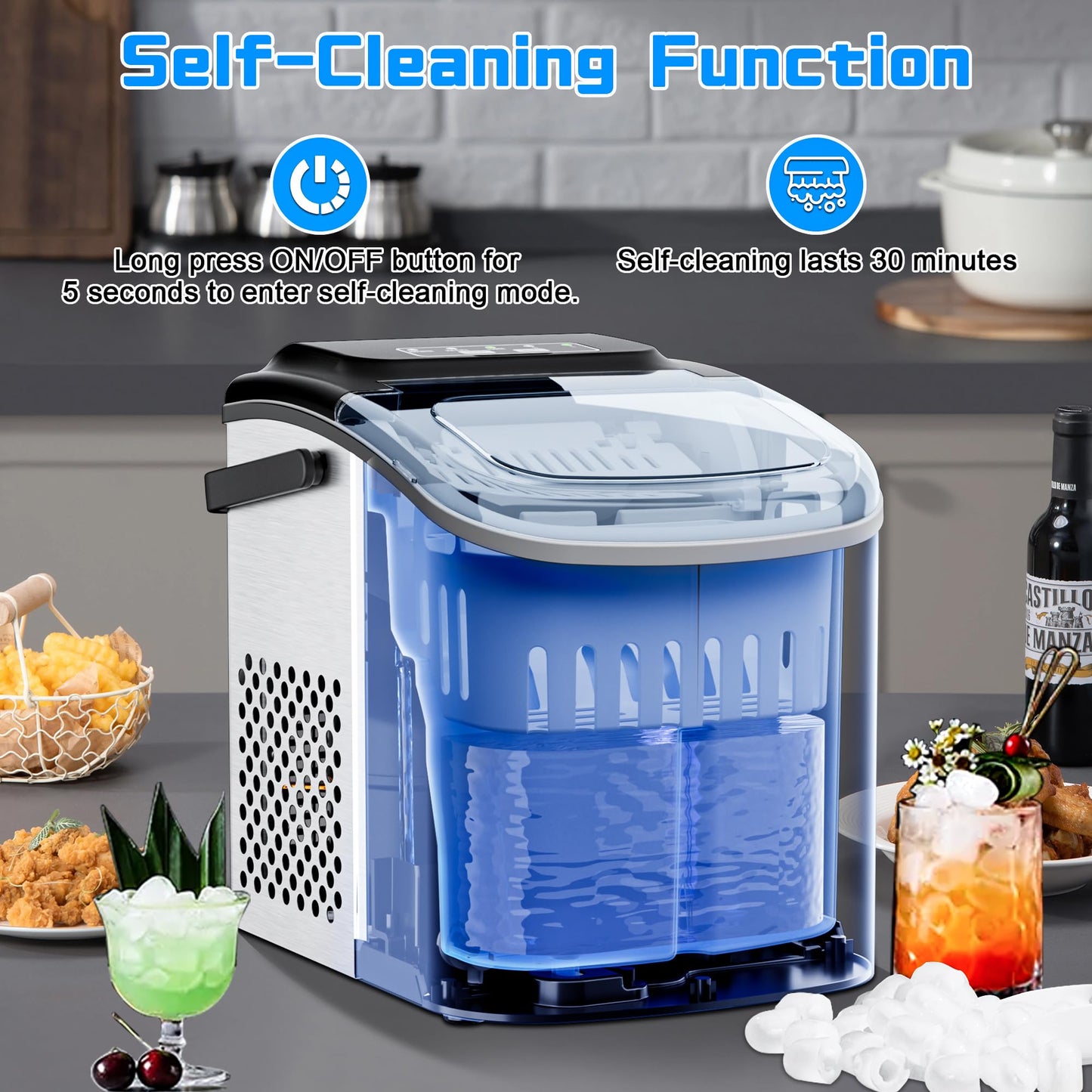 Countertop Ice Maker 26lbs/24H Portable Ice Machine with 2 Sizes of Ice Cubes, 9 Ice Cubes in 8 Mins, Stainless Steel Design Ice Scoop & Basket Included Self-Cleaning for Home, Kitchen, Bar, RV