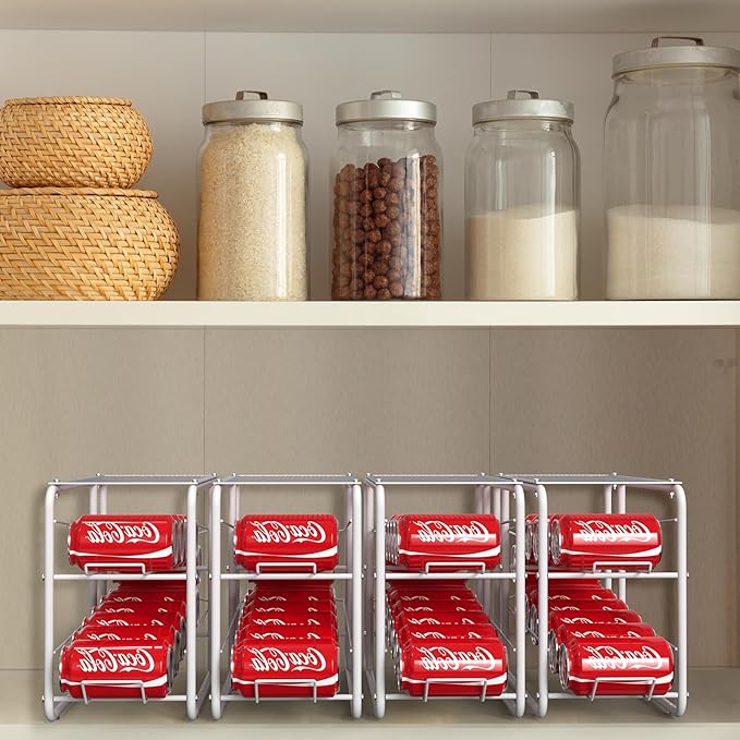 MOOACE 4 Pack Can Organizer for Pantry, Stackable Soda Can Dispenser Rack, Pantry Organizer Canned Food Storage Holder for Kitchen Refrigerator Cabinet, White