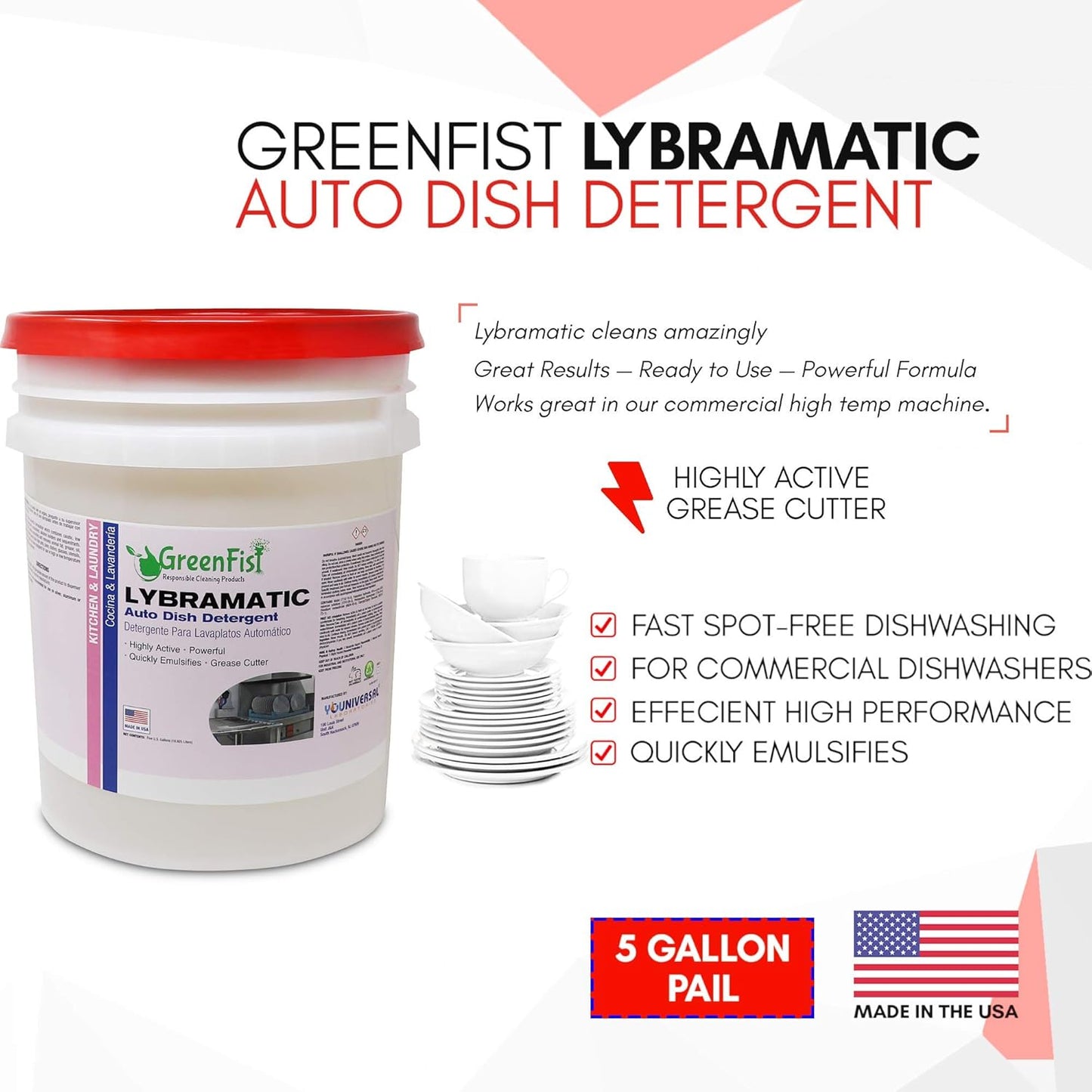 GreenFist Lybramatic | Commercial Dishwasher Detergent Industrial Grade [Ready-to-Use] Liquid (5 Gallon Pail)