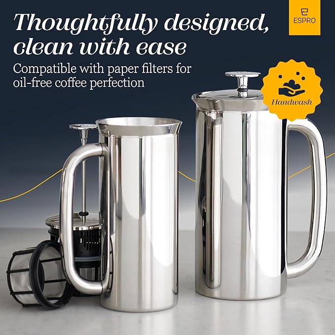 ESPRO P7 French Press Stainless Steel 304 – Patented Double Walled Micro-Filter Insulated French Press Coffee Maker, Grit-Free Brew - Heat Resistant Plastic Free Coffee Maker, Polished (32oz)