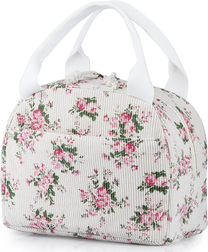 Lunch Bag - Insulated Lunch Box for Women, Reusable Large Capacity Cooler Bag for Adult, Small Leakproof Cute Corduroy Lunch Tote for Work Office Travel Picnic (Pink Flower)