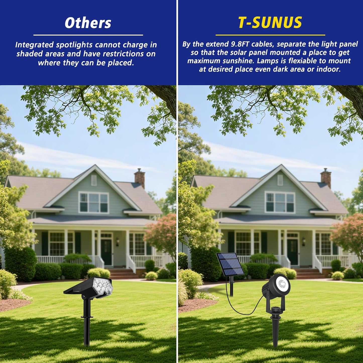 T-SUNUS Halloween Solar Spot Lights 6-in-1 Outdoor Warm White 3000K Landscape Spotlight IP65 Waterproof Separated Panel Spotlights with 9.8ft Cable Auto On/Off for Christmas Tree Lawn Driveway Pathway