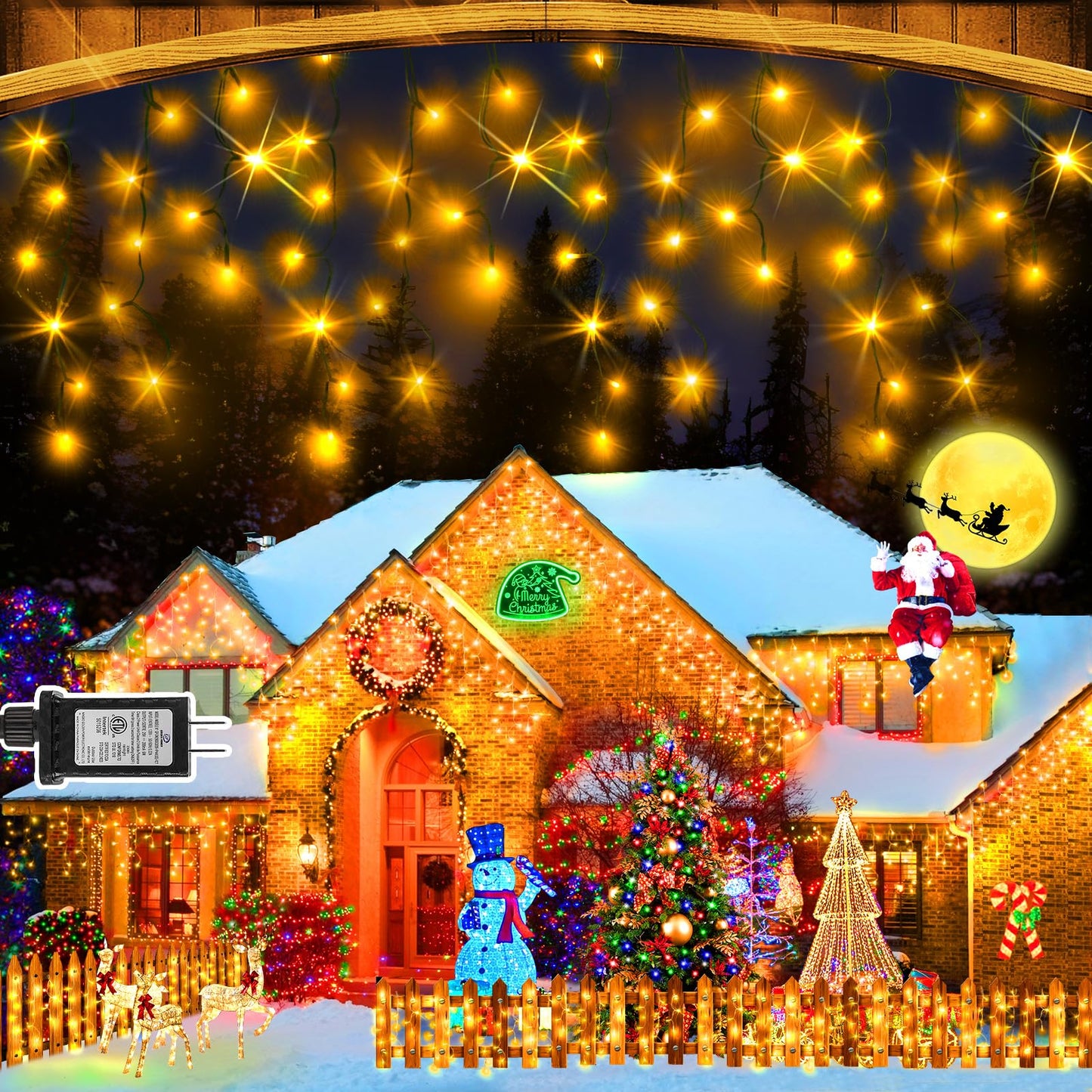 KNONEW 33FT 400 LED Christmas Lights Outdoor Black Wire, Warm White, 8 Lighting Modes, Timer, Connectable, Model KN-1000-LIG168-01
