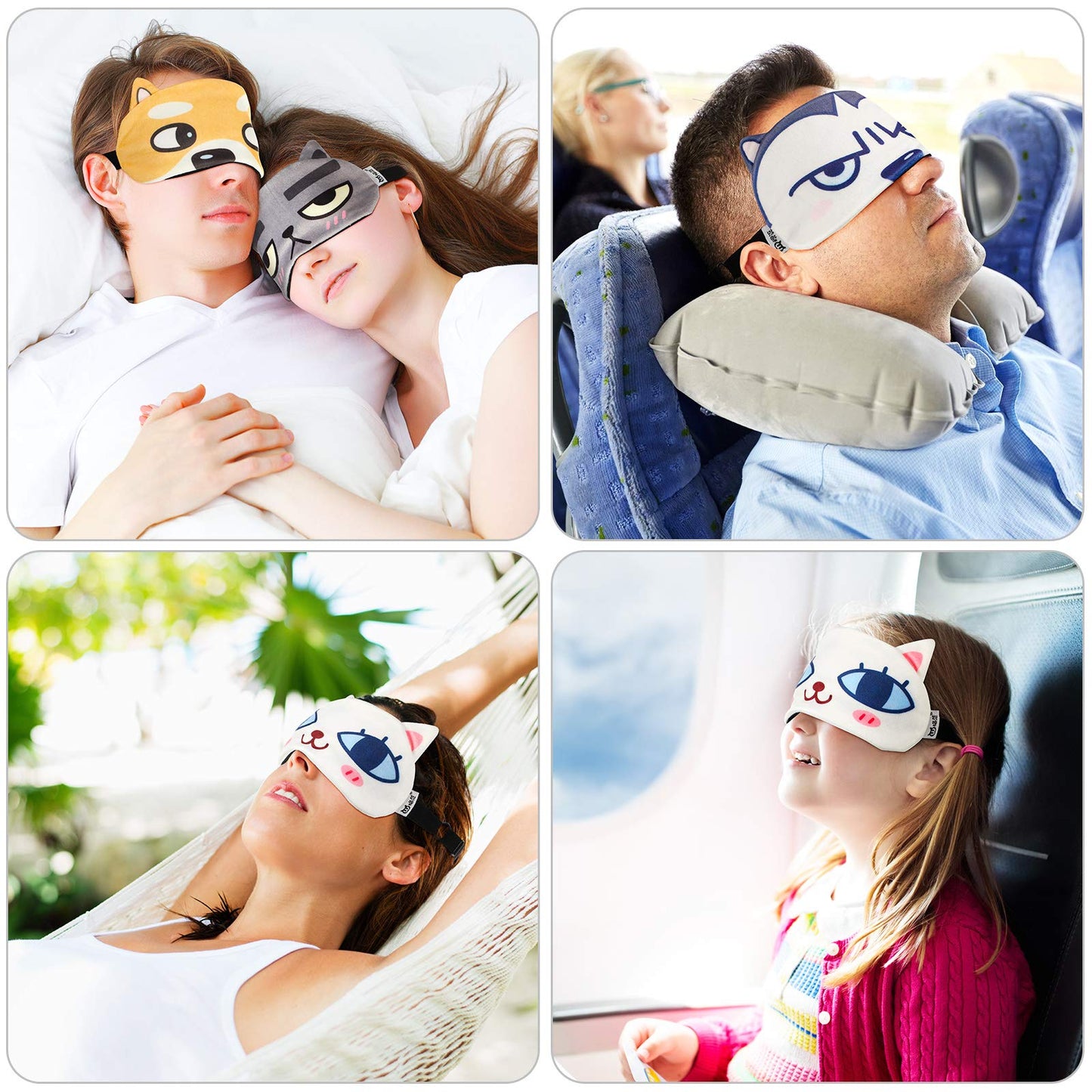 4 Pieces Kids Sleeping Mask Cat Dog Funny Animal Sleep Eye Mask Blindfold for Adults with Adjustable Strap Soft Cute Eyeshade Cover for Blocking Out Lights Sweet Sleep Travel Relax, Nap, Meditation