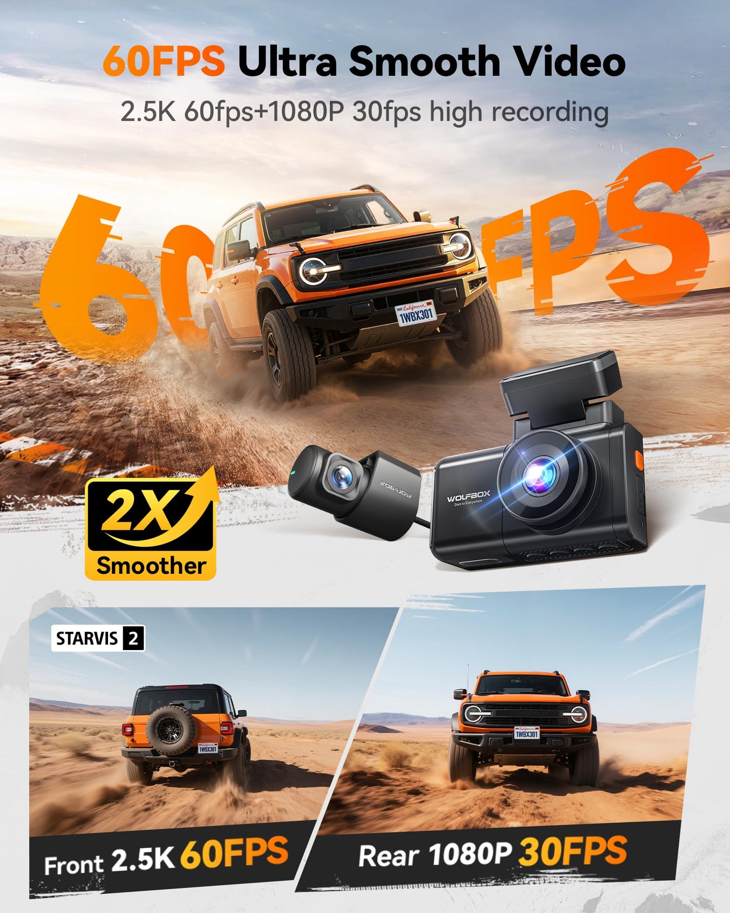 Wolfbox X3 2.5K 1440P 60Fps Dash Camera, Starvis 2 Imx675 With Adas, 1440P+1080P Dual Dashcam Front And Rear Camera With Built-I
