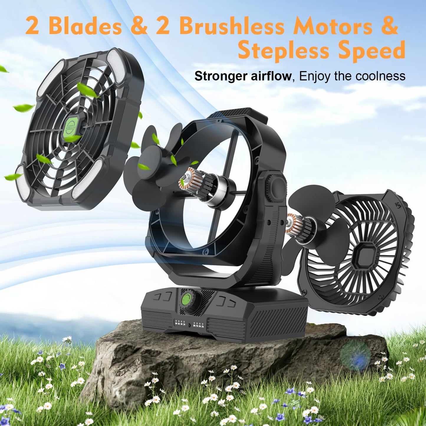 Runtop 20000Mah Camping Fan, Oscillating High Speed Rechargeable Battery Operated Fan W/Rgb Light,Remote,Hanging Hook, Outdoor P