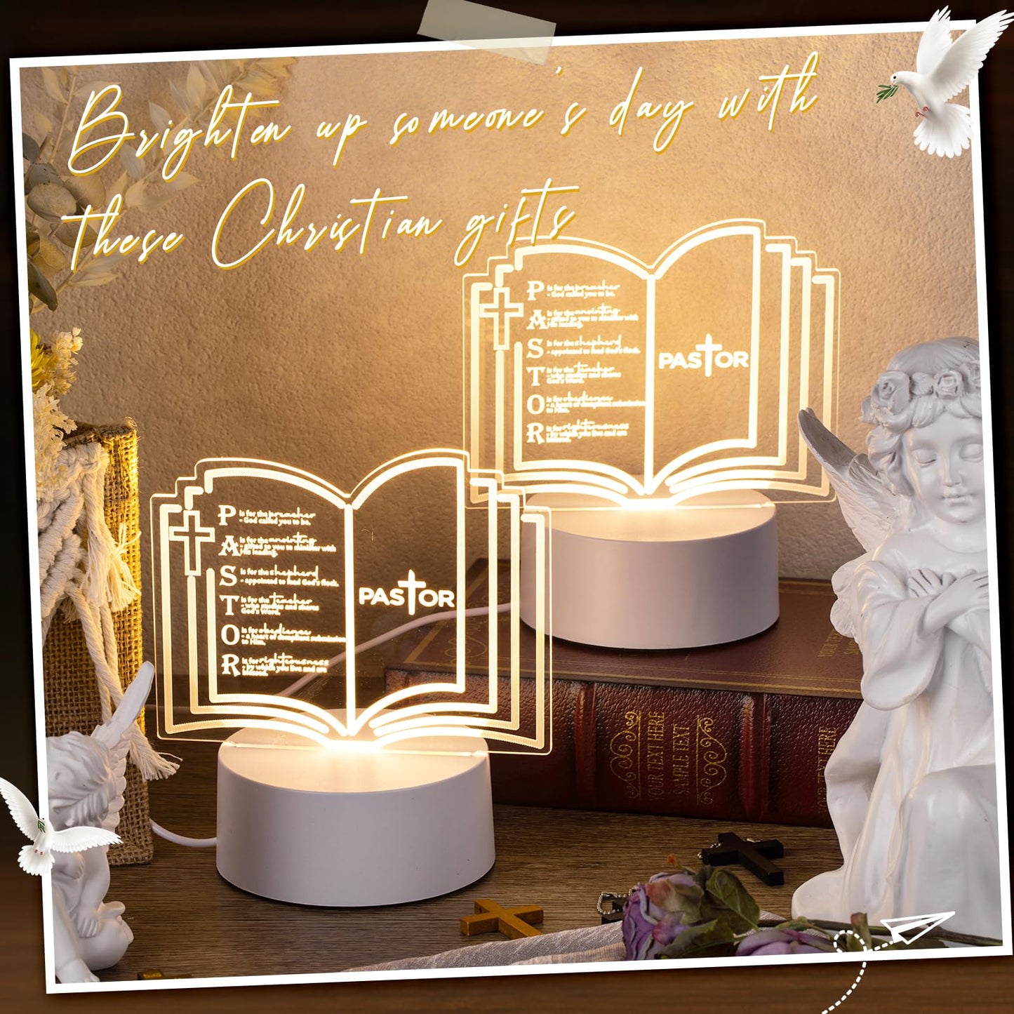 Kosiz 4 Pcs Pastor Appreciation Gift Led Night Light Christmas Christian Gifts Engraved Thank Clergy Sayings Acrylic Lamp With Base Religious Decor Men Women Clergy Staff Retirement (Stylish Pastor)