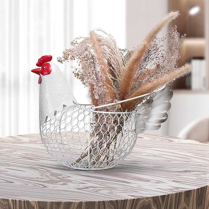 Farmhouse Rustic White Chicken Wire Metal Egg Basket With Handle,Vintage Rooster Decorative Chicken Shaped Fruit Basket Bowl for Kitchen Countertop Living Room Home Farm Table Decor