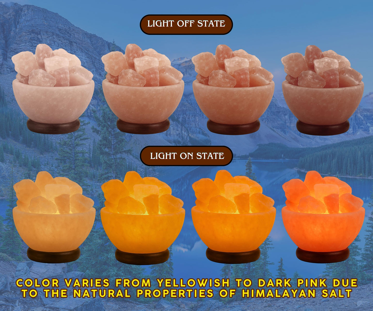Spantik Himalayan Salt Lamp Bowl, Natural Crystal Chunks, Dimmer Cord, Wood Base, Light Orange to Pink, Model SP02