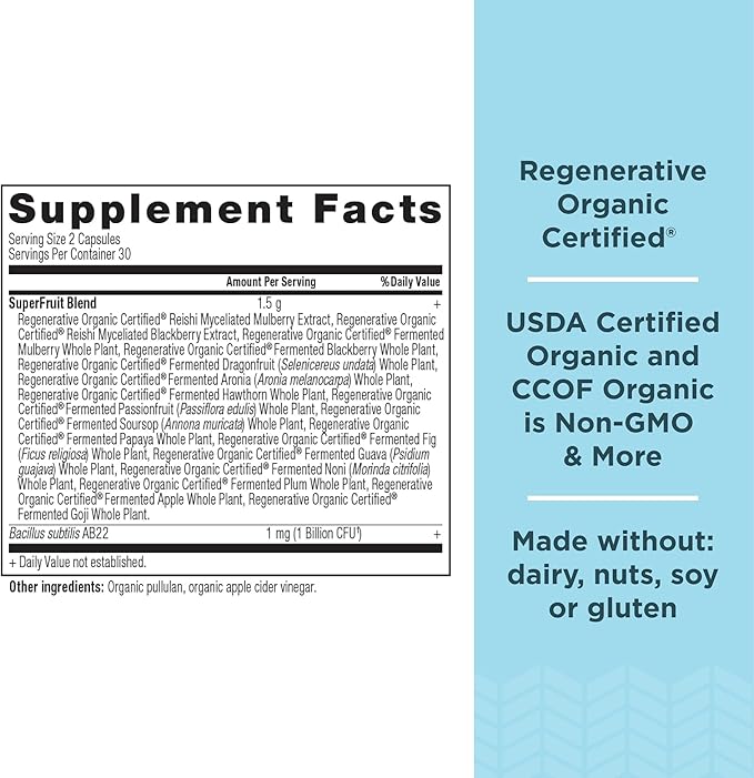Ancient Nutrition Regenerative Organic Certified SuperFruits Capsules, Supports Gut and Immune System Health, Made with Probiotics, Dragonfruit, Mulberry, and Goji, 60 Count