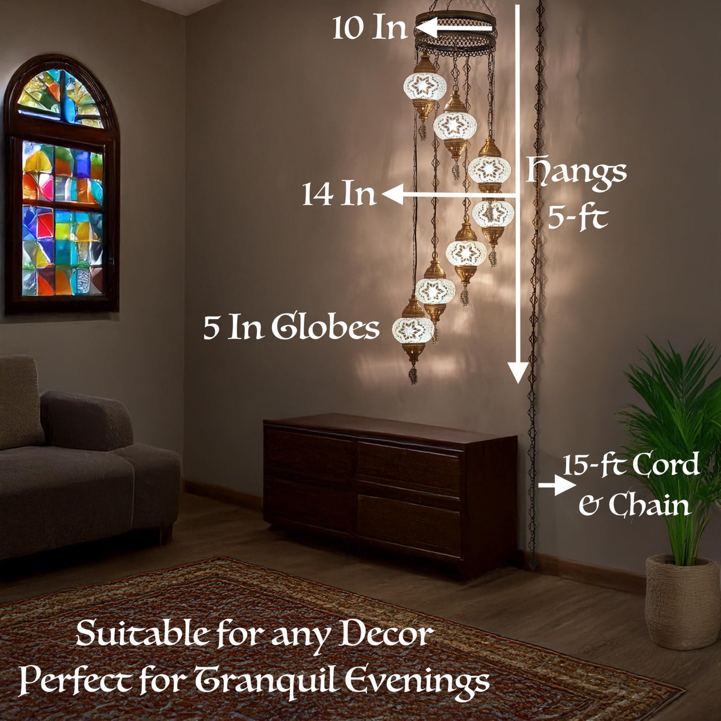 DEMMEX 7-Globe Turkish Moroccan Mosaic Chandelier, Tiffany Style, 59x14 Inches, Brown Amber, Model DEMMEX-Swag7