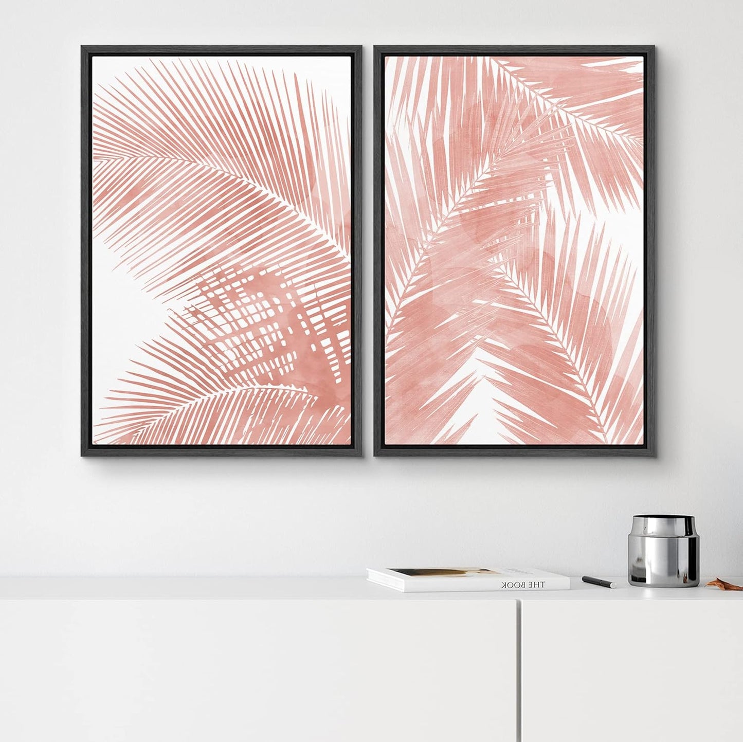 SIGNWIN Framed Canvas Print Wall Art Set Tropical Red Pastel Palm Leaf Plants Nature Wilderness Illustrations Modern Art Decorative Rustic Chic for Living Room, Bedroom, Office - 16"x24"x2 Black