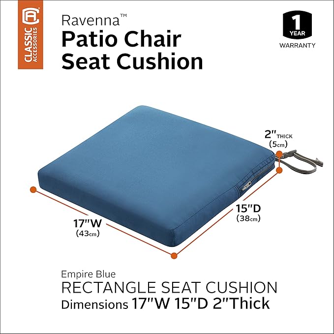 Classic Accessories Ravenna Water-Resistant 17 x 15 x 2 Inch Patio Seat Cushion, Empire Blue, Chair Seat Cushion