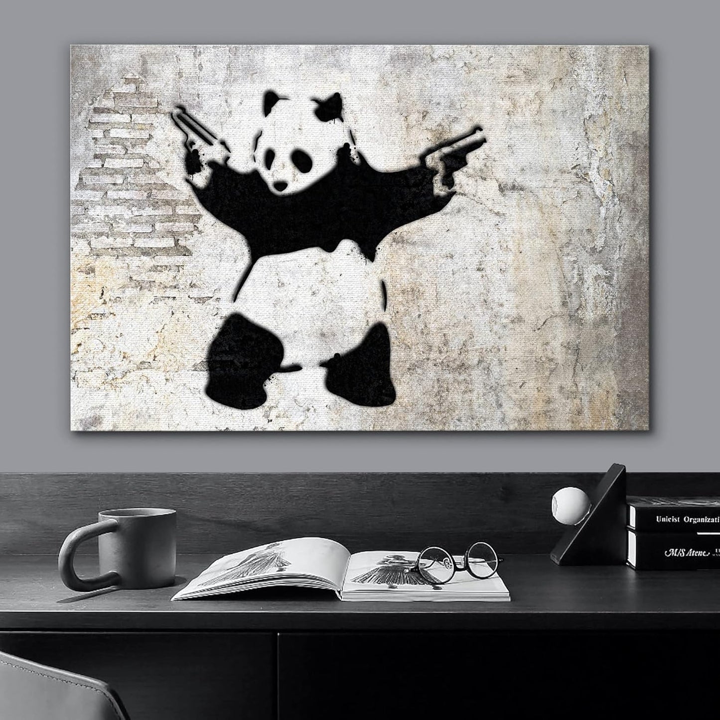 wall26 Canvas Print Wall Art Banksy Panda with Handguns on Wall Cities Animals Digital Art Modern Art Chic Scenic Expressive Dark Black and White for Living Room, Bedroom, Office - 16"x24"