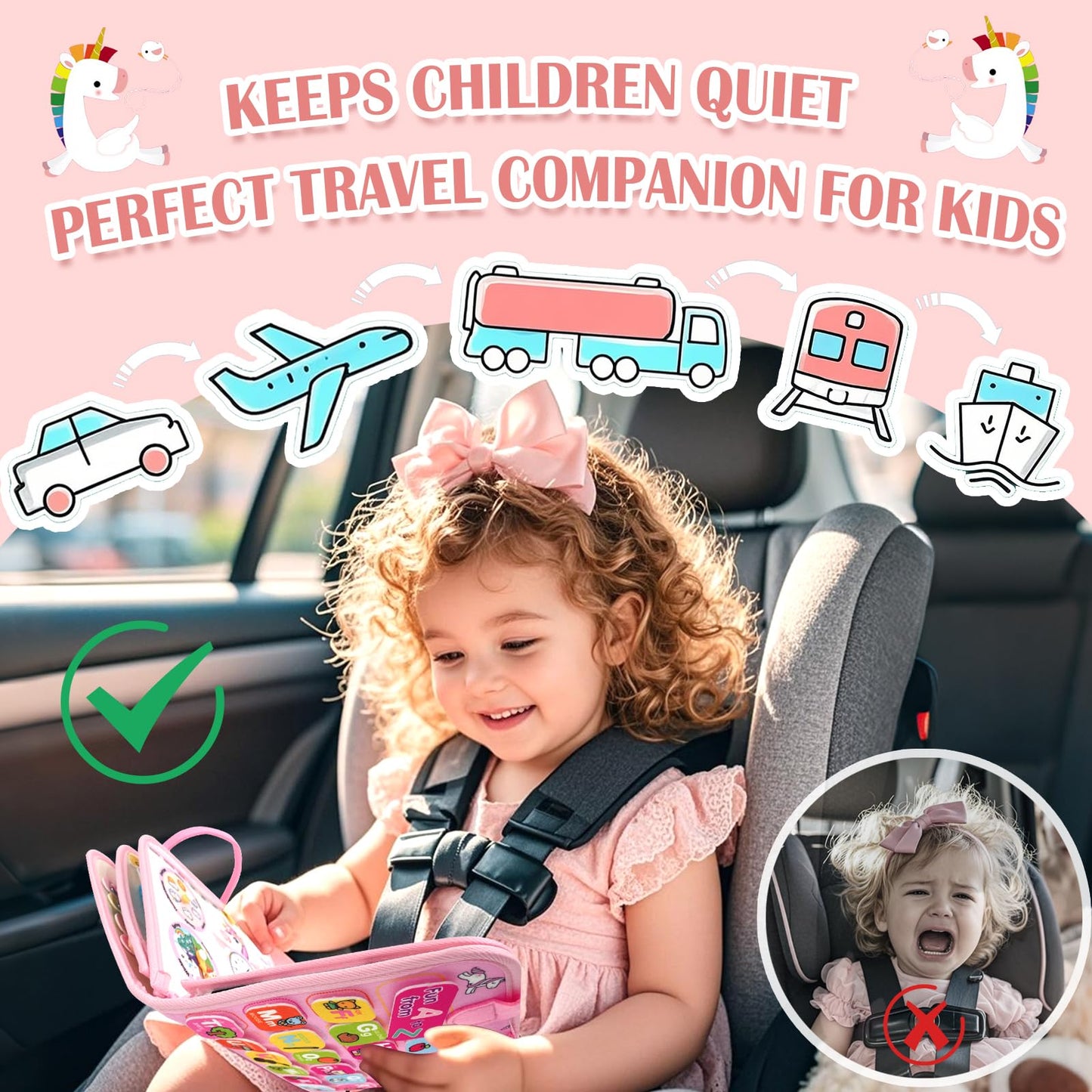 Toddler Busy Board Montessori Toys for Girl Birthday Gift,Educational Learning Sensory Busy Book, Airplane Car Travel Activities Toy for Girl(Pink)