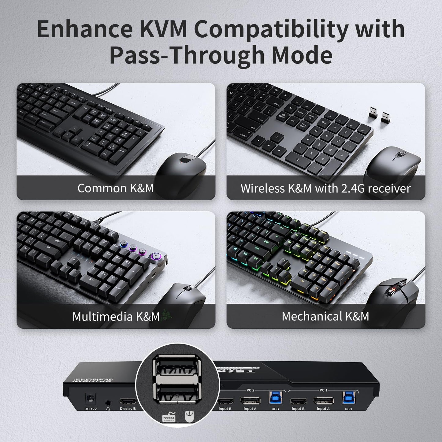 TESmart USB 3.0 DisplayPort + HDMI KVM Switch 2 Monitors 2 Computers 4K@60Hz, Dual Monitor KVM Switch 2 Port Extended Display, EDID Emulators, Headset, Hotkey Switch, Button Switch with All Cables