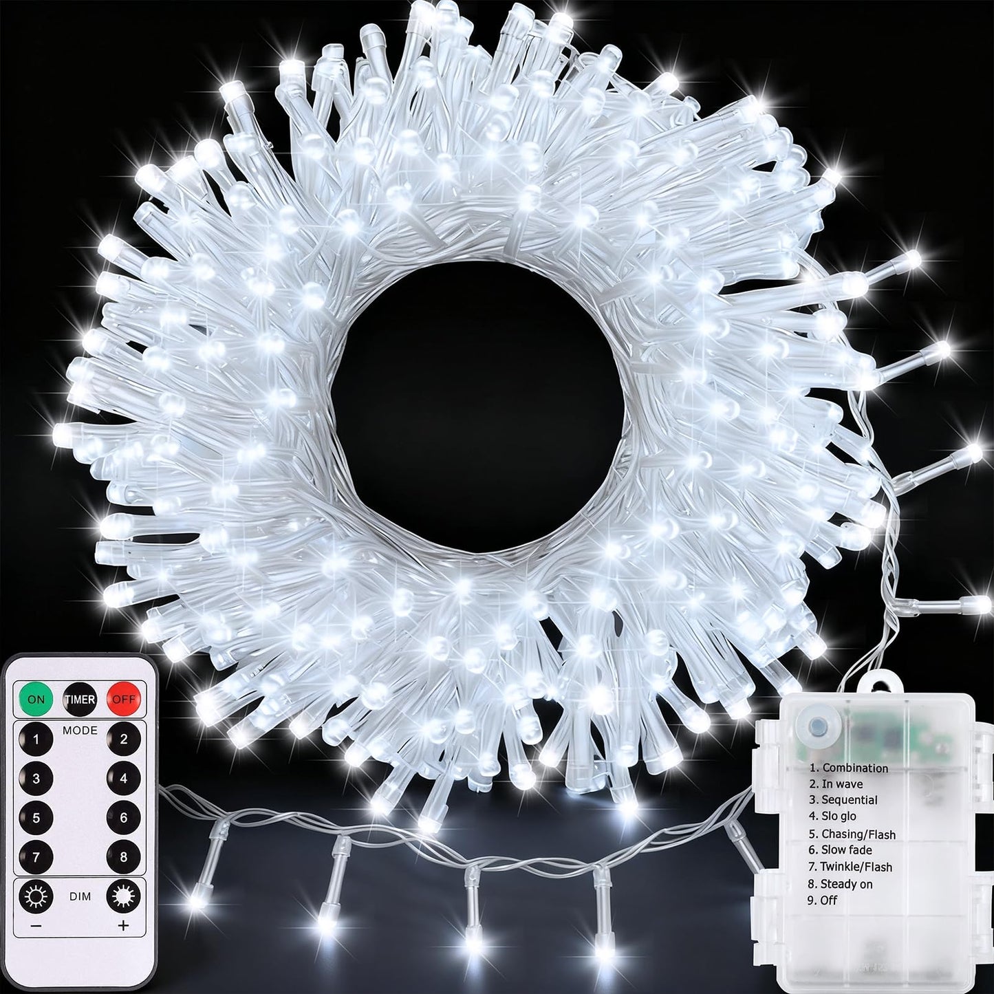 Echosari Outdoor Led Fairy String Lights, 100 Battery Operated Lights, Remote Dimmable, Timer, 8 Modes, Cool White, 1 Pack