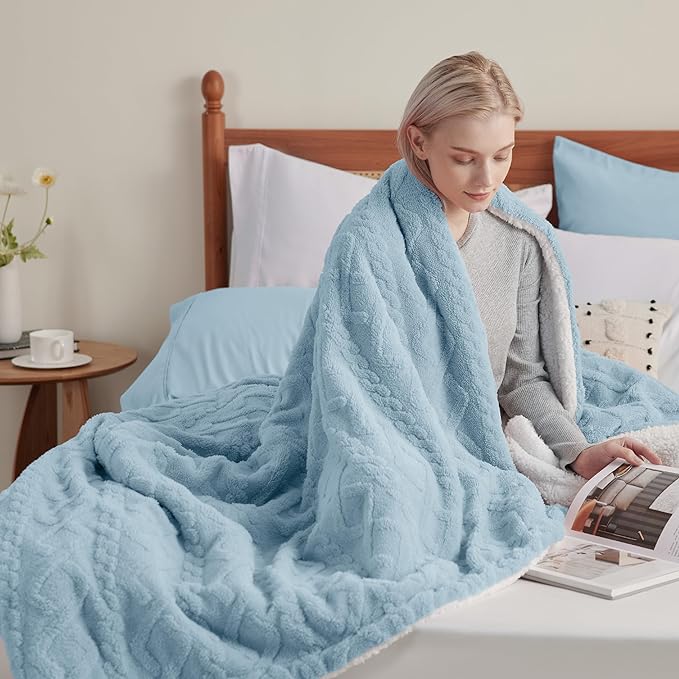 Bedsure Sherpa Fleece Throw Blanket for Couch - GentleSoft Fluffy & Cozy Cable Jacquard Tufted Throw for Women Gift, Thick and Warm Blankets for Winter, Blue, 50x60 Inches
