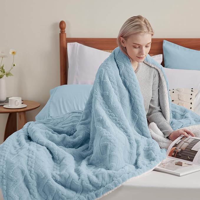Bedsure Sherpa King Size Blanket for Bed- GentleSoft Fleece Fluffy & Cozy Cable Jacquard Tufted for Women Gift, Thick and Warm Blankets for Winter, Blue, 108x90 Inches