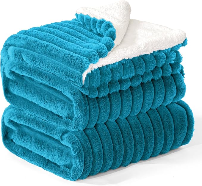 INFIIXSO Sherpa Fleece King Size Blanket - Super Soft & Warm Striped Fleece, Cozy Plush Fluffy Large Bed Blanket All Season Use (Teal, 104x90 Inches)