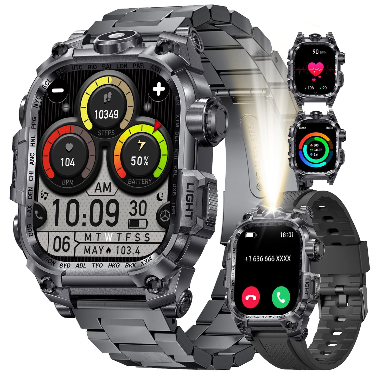 LIGE Military Smart Watch for Men(LED Flashlight), 2.01" Rugged Smartwatch, 100+ Sports Fitness Tracker Watch, 700mAh Long Battery/Bluetooth Call/Sleep/IP68 Smart Watch for Android iOS Compatible