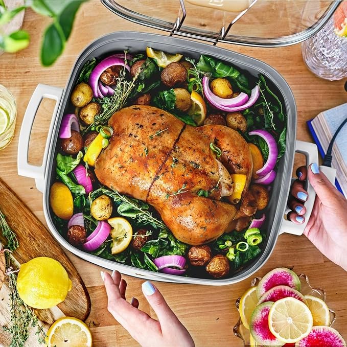Beautiful 5-in-1 Electric Skillet 7QT, Cast Aluminum Extender, Nonstick, 1500W, Dishwasher-Safe Lid, Slow Cook, Steam (White Icing)