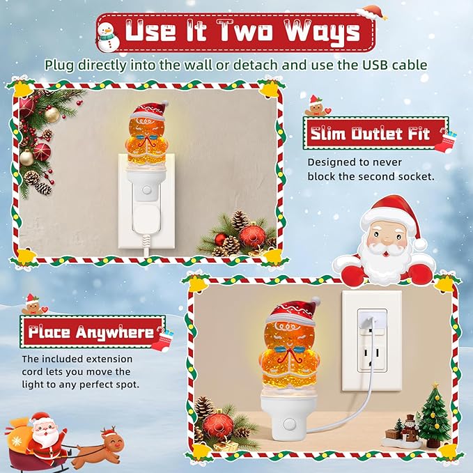 Christmas Night Light Plug into Wall Swirling Glitter USB Portable Christmas Decorative Night Light Decoration for Kids Adults Bedroom Kitchen Living Room Holiday Decor (Gingerbread)