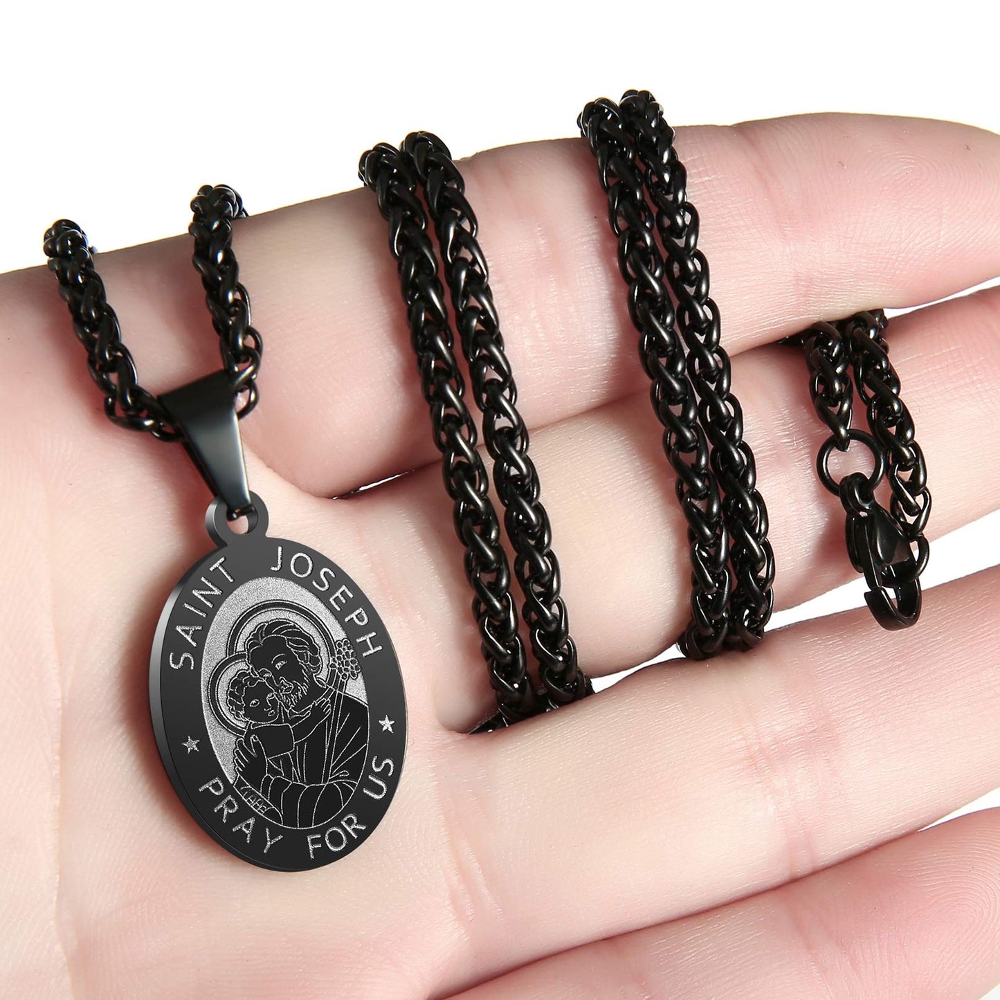 Zocomi Black Saint St Joseph Medal Necklace for Men Boys, St. Joseph Pendant Chain Jewelry Catholic Christian Religious Baptism
