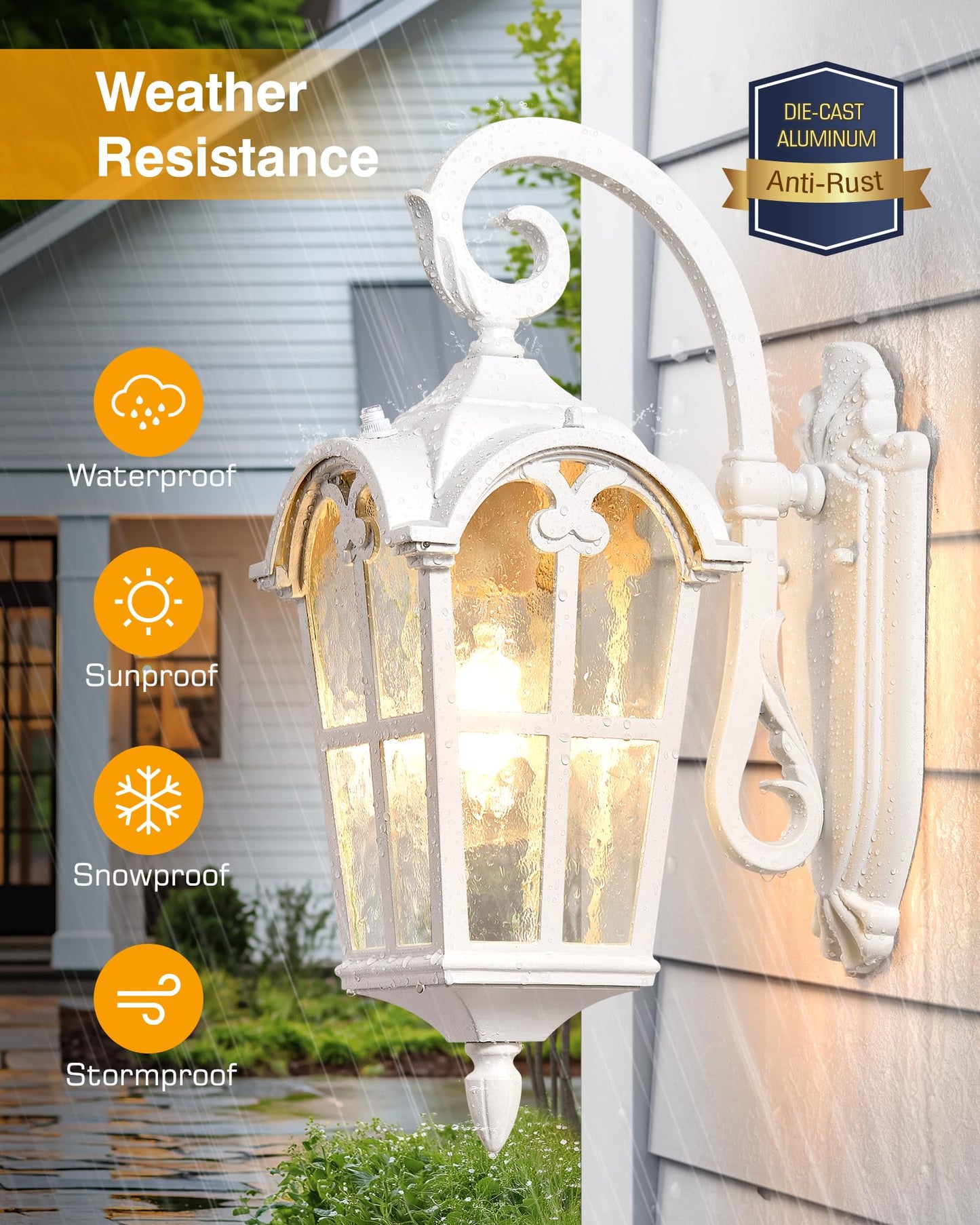 Vianis White Porch Lights Outdoor  Outside Dusk To Dawn Light Fixtures Wall Mount  Exterior Lighting For House With Ripple Glass  Lantern Fixture For Patio Garage Front Coach  Anti-Rust Waterproof