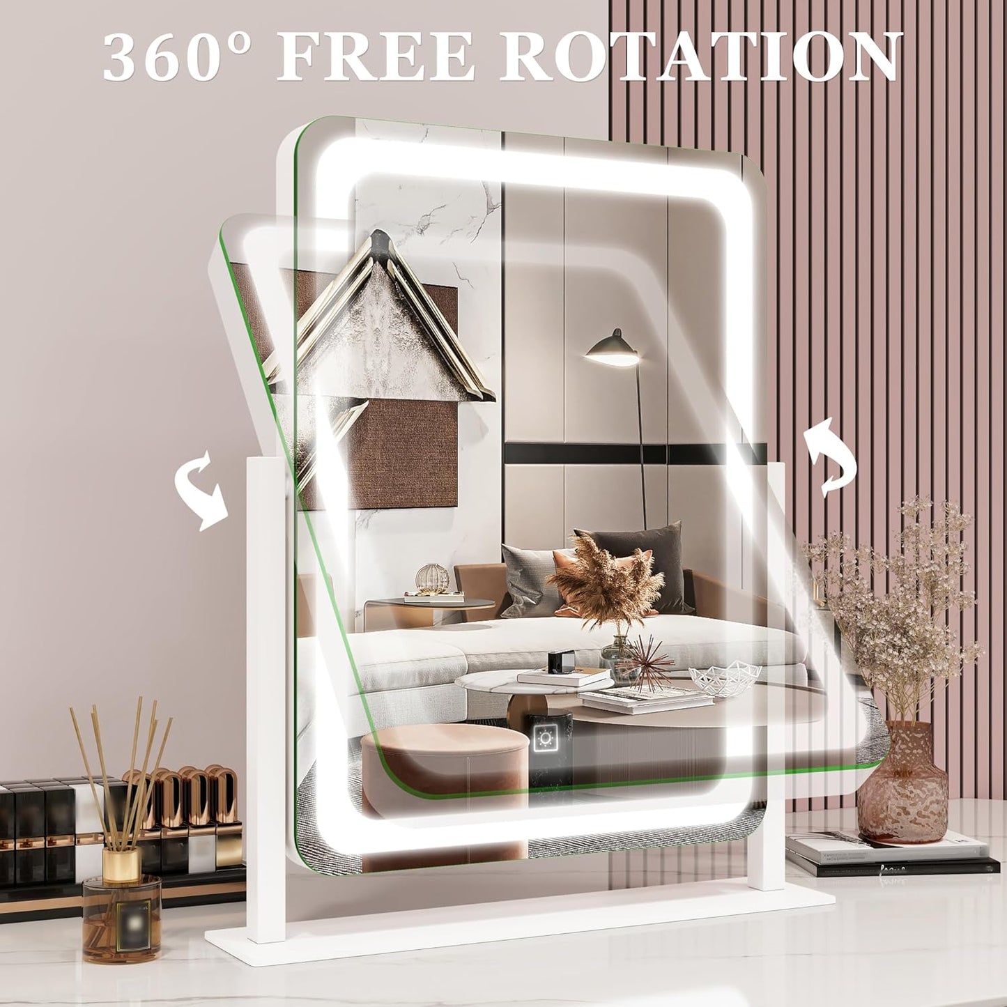 Vanity Mirror with Lights, 12.6"×15" LED Makeup Mirror, Lighted Makeup Mirror with Lights, Smart Touch Control Dimmable 3 Modes Light, Lighted Up Mirror for Makeup Desk, Bedroom, Dressing Room