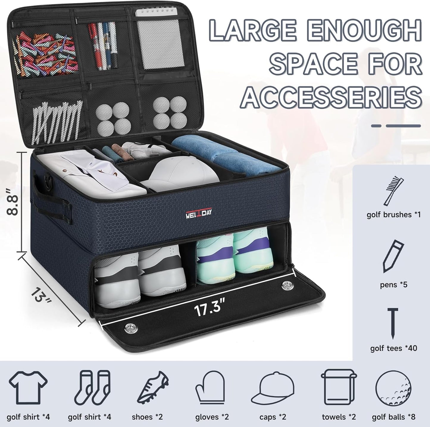 ANILD Golf Trunk Organizer, 2 Layer Golf Storage Case with Separate Ventilated Compartment for 2 Pair Shoes, for Balls, Tees, Clothes, Gloves, Accessories, Golfer Gifts