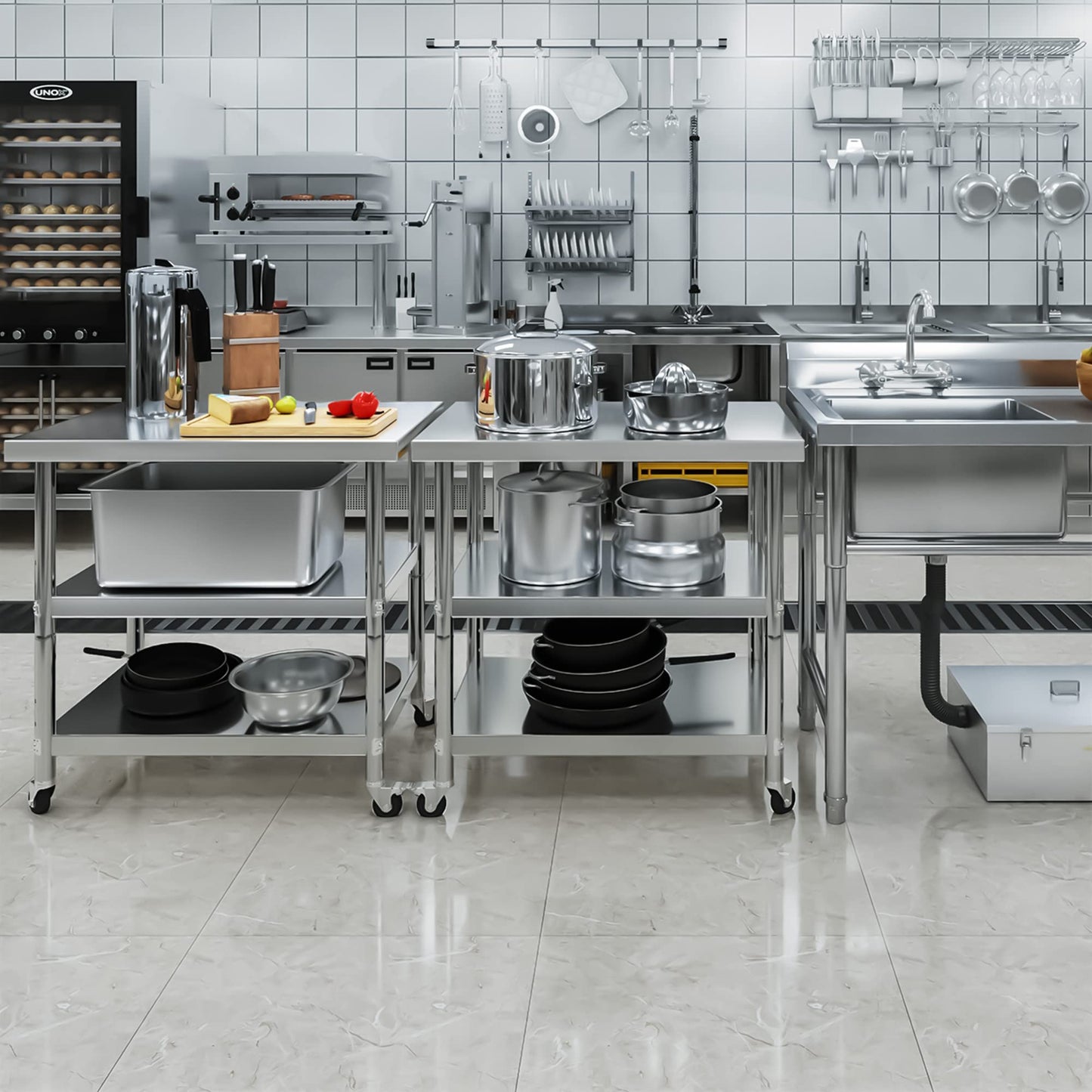 YITAHOME NSF Stainless Steel Table, 36" X 24" Worktable with Wheels, 3 Shelves Metal Prep Workstation for Home Kitchen Restaurant Garage Warehouse Outdoor
