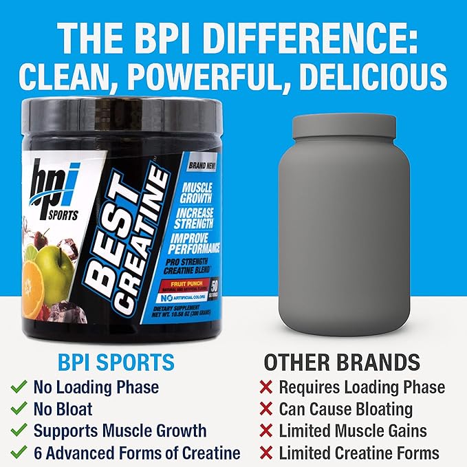 BPI Sports Best Creatine - Creatine Monohydrate Powder for Men & Women, Himalayan Salt - Strength, Pump, Endurance, Muscle Growth, Muscle Definition - No Bloat – Fruit Punch – 50 servings – 10.58 oz